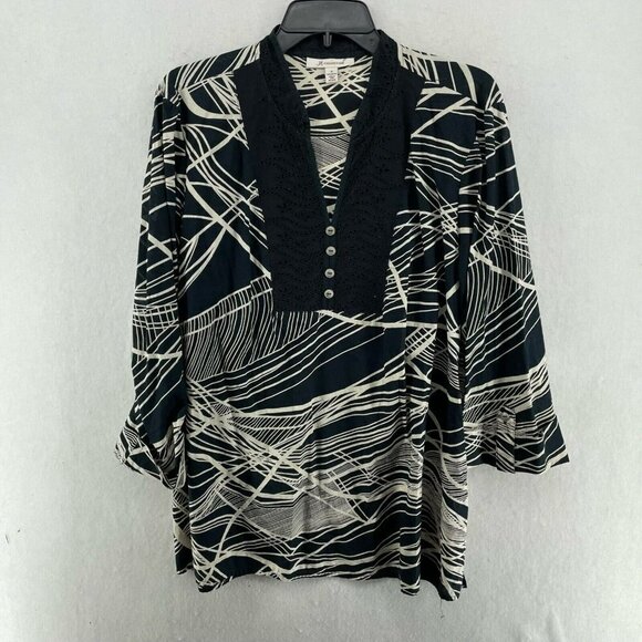 JM Collection Blouse Women's Sz 14 Black 4-Button V-Neck Roll-Tab Sleeve Tunic - Picture 1 of 11